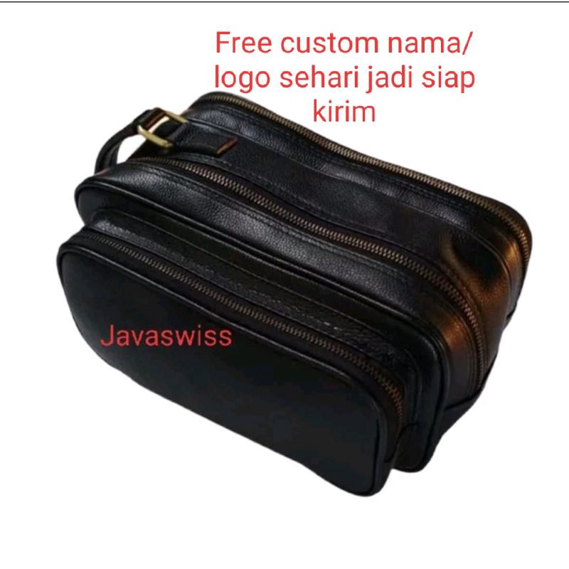 Tas tangan pria kulit asli motif kulit jeruk hitam polos  - toileters