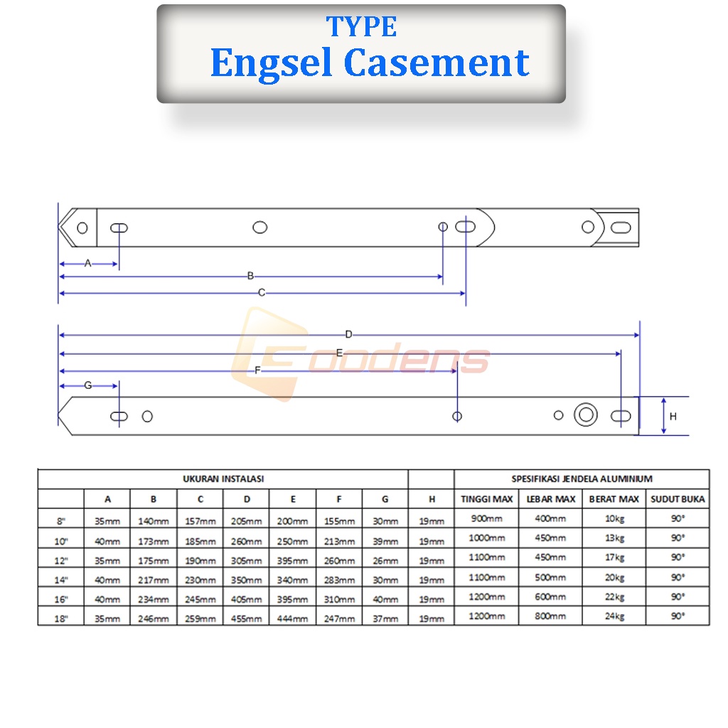 Engsel Casement 14 inch Kesmen Engsel Jendela Aluminium Stainless Steel