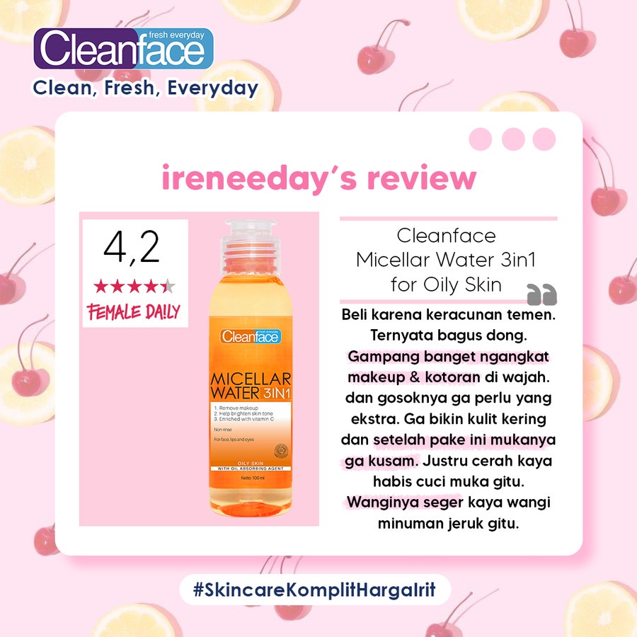 Cleanface Micellar Water 3in1 For Oily Skin / Pembersih Wajah / Pembersih Makeup Waterproof Clean Face 3 in 1