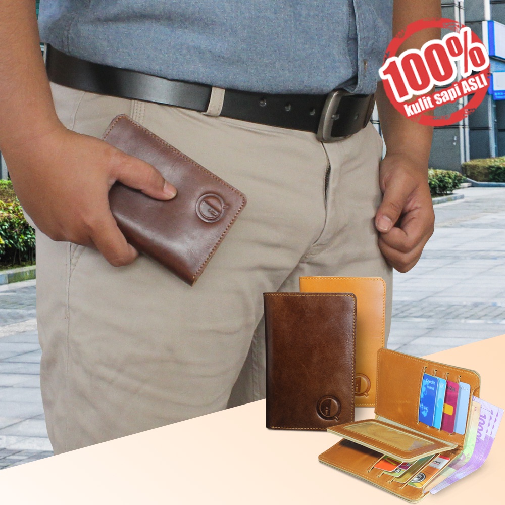 Dompet Pria Full Kulit Sapi Asli Brand QI LEATHER / Wallet Slim Cowok 10 Slot Kode : D003 CP QI