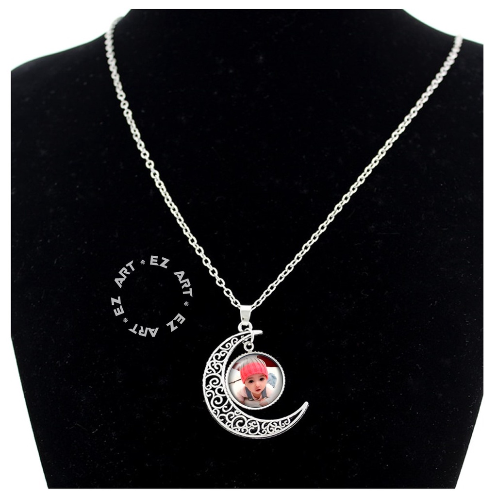 KALUNG CUSTOM LIONTIN BULAN SABIT FREE REQUEST FOTO GAMBAR SENDIRI KACA BULAT TALI KULIT RANTAI