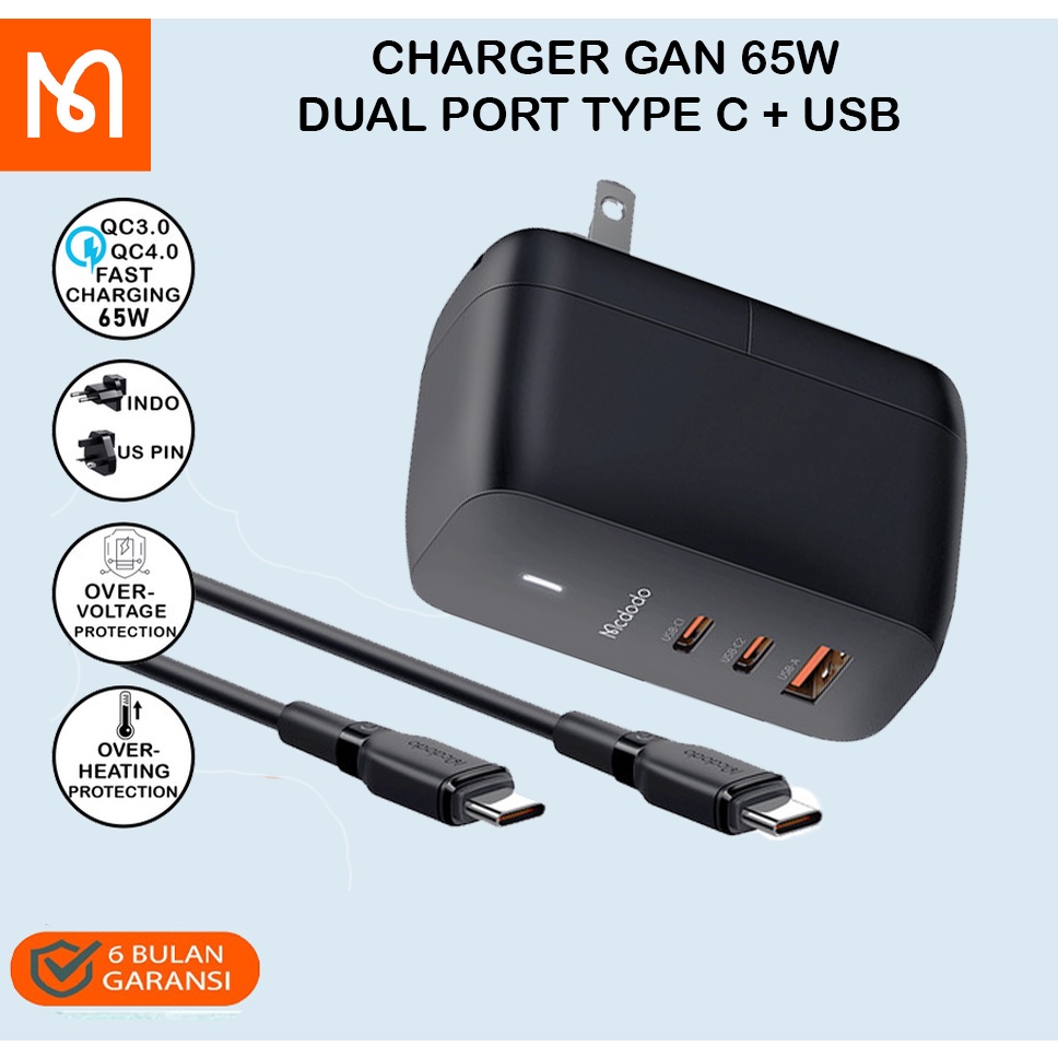 Mcdodo Adaptor Kepala Charger 3 Output Fast Charging 65W Samsung Oppo Vivo + Kabel Type C