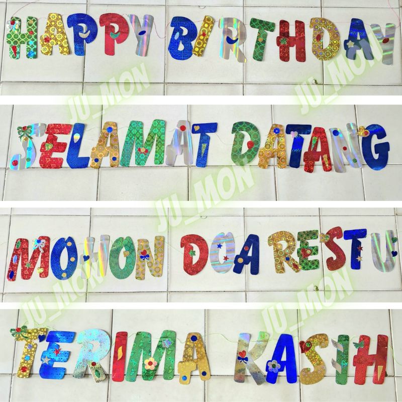 Banner Happy Birthday/ Mohon Doa Restu/ Selamat Datang/ Terima Kasih Metalik