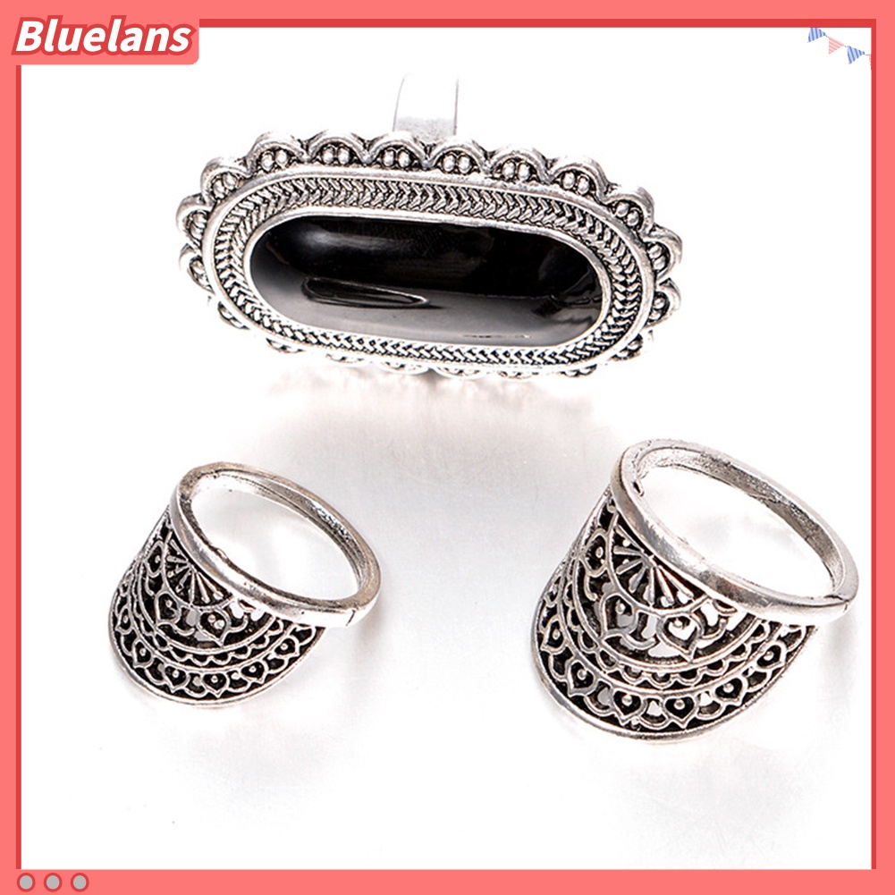 Bluelans 3Pcs Vintage Hollow Out Women Finger Ring Set Gift Rhinestone Party Jewelry