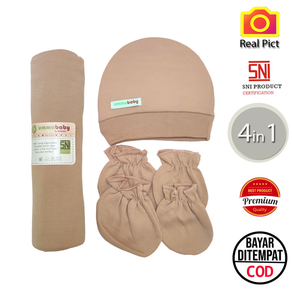 4in1 Bedong Bayi Topi Kupluk Bayi Sarung Tangan Kaki Bayi Perlengkapan bayi baru lahir Kain Selimut Bayi Kain Bedongan bayi Alas Tidur Bayi Selimut Tidur Bayi Baby Hat Set Topi Bulat Bayi Perlengkapan