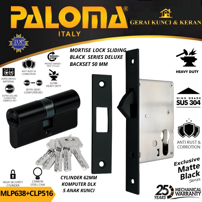 PALOMA MORTISE LOCK CYLINDER MLP 638 CLP 516 BODY KUNCI SLIDING 50MM CYLINDER 62MM KOMPUTER KEY HITAM BLACK MATTE