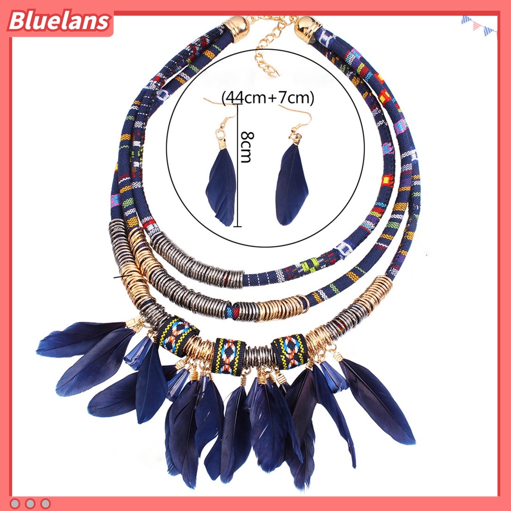 2pcs / Set Kalung Anting Rumbai Bulu Multilayer Bahan Alloy Gaya Bohemian Etnik Untuk Aksesoris Perhiasan