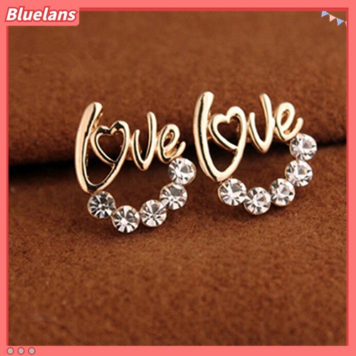 Anting Stud Desain Tulisan Love Aksen Berlian Imitasi Untuk Wanita
