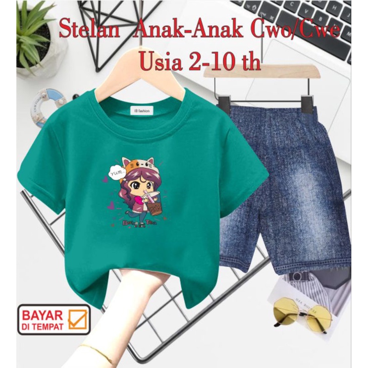 ((IB))SETELAN ANAK PEREMPUAN SEMI JEANS/CEWEK BOBA POP ICE DIGITAL SABLON