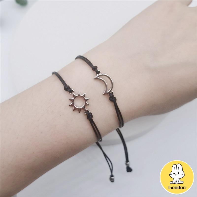 2pcs Gelang Couple Hitam Pasangan Adjustable Bulan Dan Matahari Gelang Persahabatan Tali Lilin Aksesoris Untuk Pria Dan Wanita -Doo