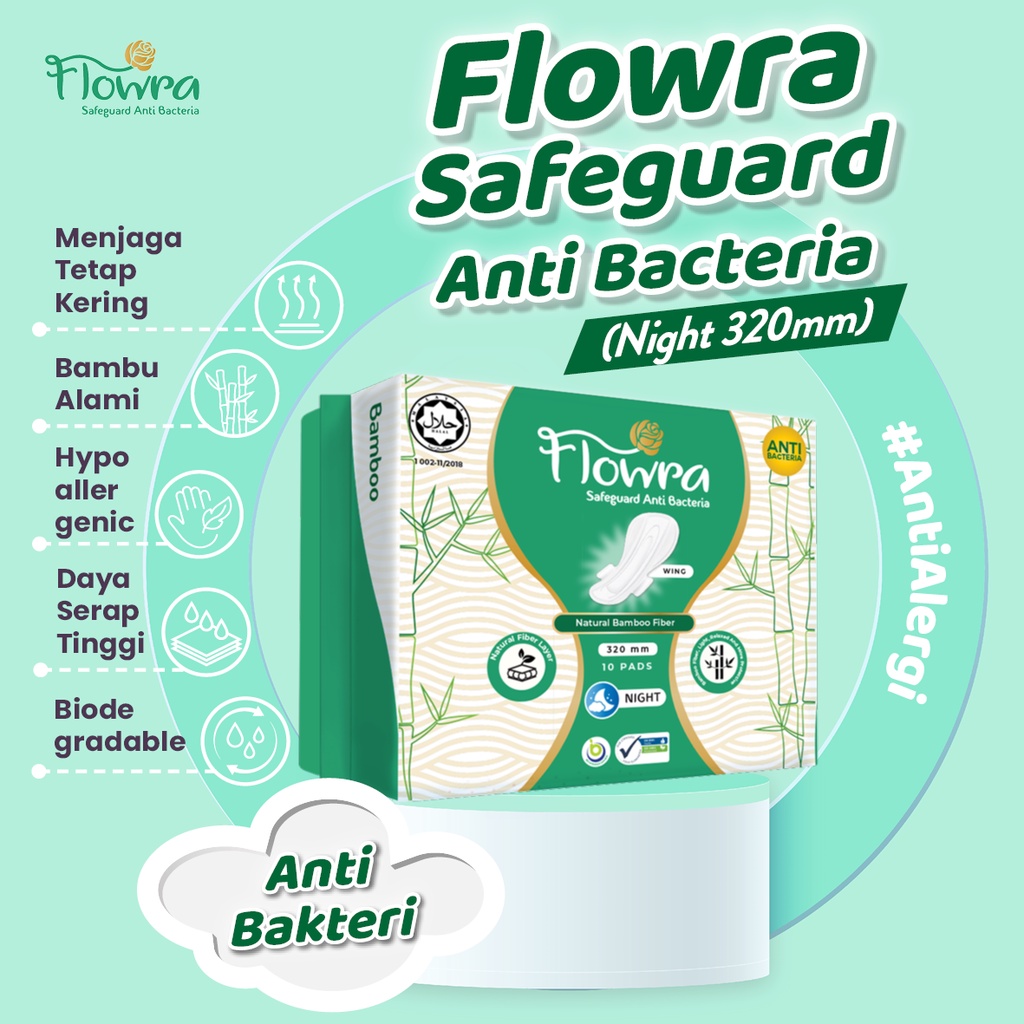 Pembalut Flowra Safeguard 320mm Night, Pembalut Serat Bambu Alami, Anti bakteri & iritasi