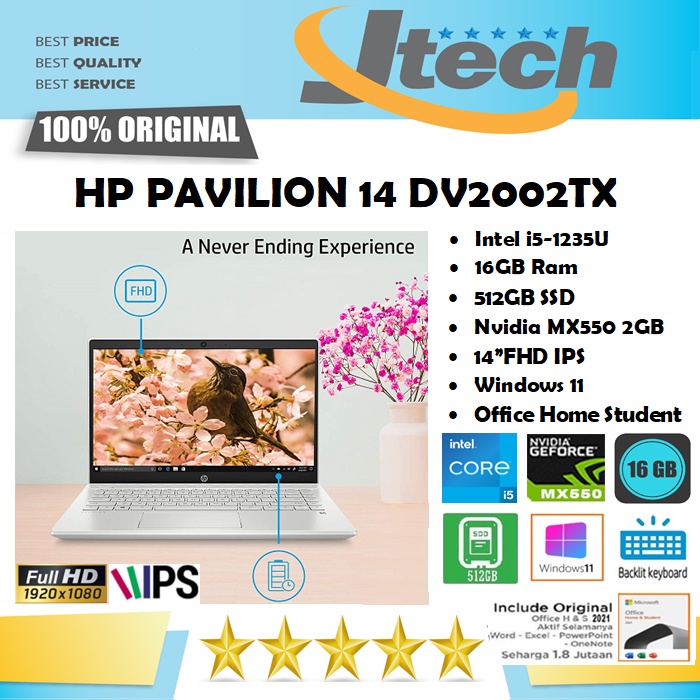 HP PAVILION 14-DV2002TX DV2003TX - i5-1235U - 16GB - 512SSD - MX550 2GB - 14&quot;FHD IPS - W11 - OFFICE HOME STUDENT