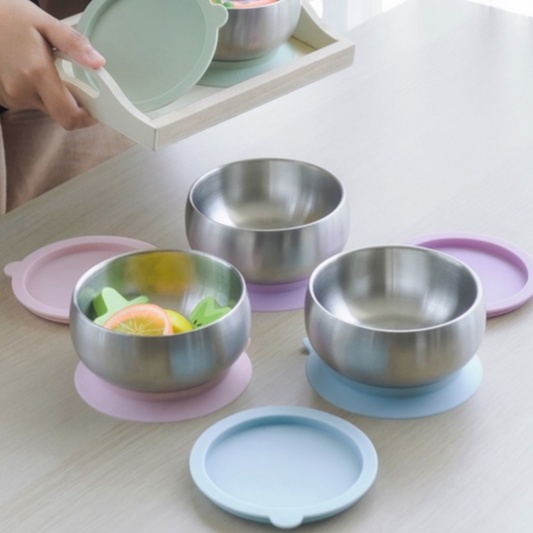 Sol &amp; Sno Souper Bowl Stainless Bowl With Suction And Lid - Mangkuk Bayi MPASI Mangkok Makan Anak Bayi BPA Free