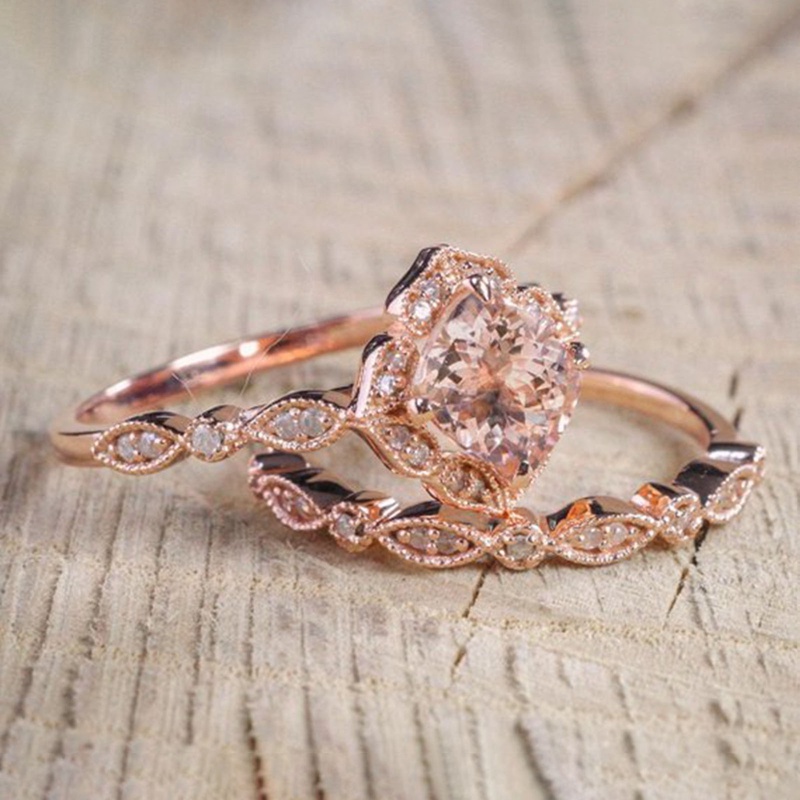 Fancyqube 2pcs / Set Cincin Zirkon Alami Warna Rose Gold Ukuran 6-10 Untuk Pengantin Wanita