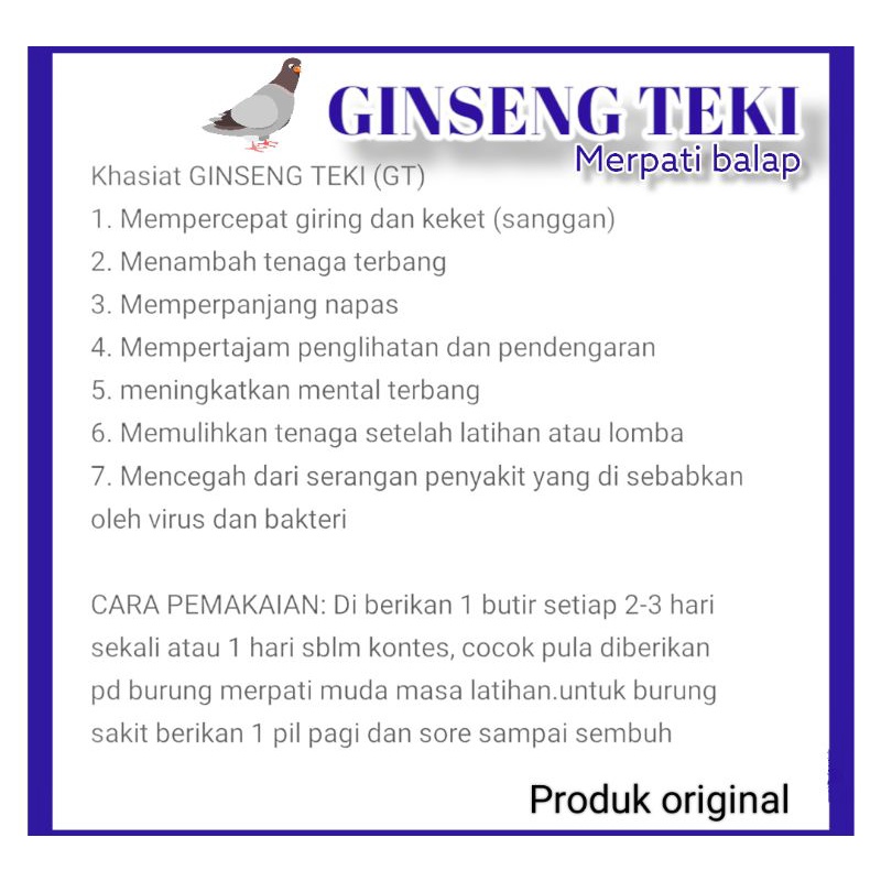 Ginseng teki pil merpati balap gingseng teki harga per botol