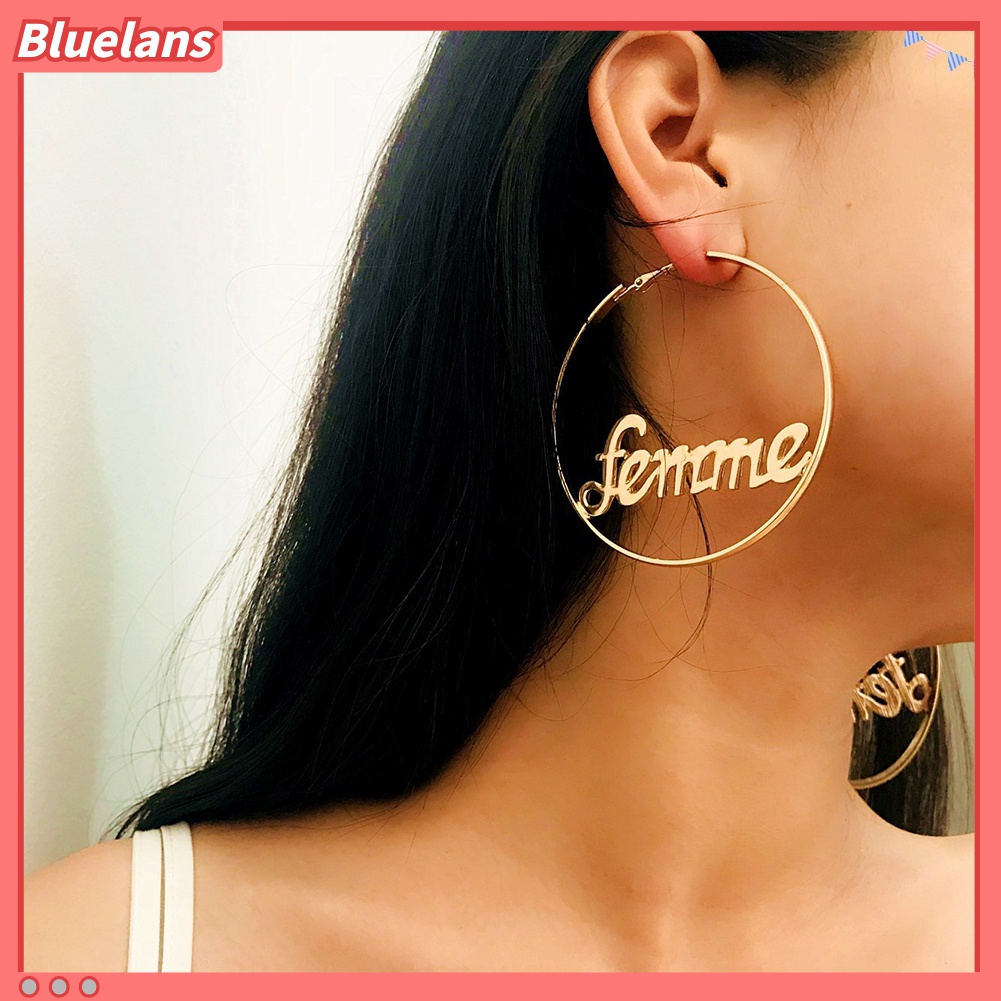 Anting Hoop Bentuk Lingkaran Hollow Motif Tulisan Femme Baby Untuk Wanita