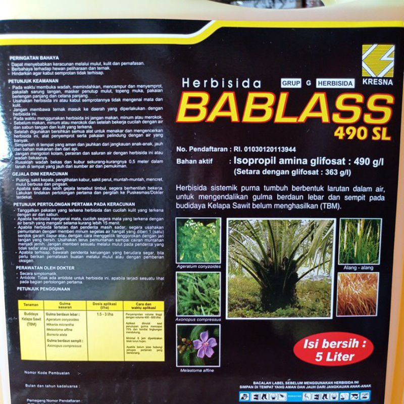 Bablas 490 SL Herbisida (Sistemik) obat pembasmi rumput,suket dan gulma - 5 Liter