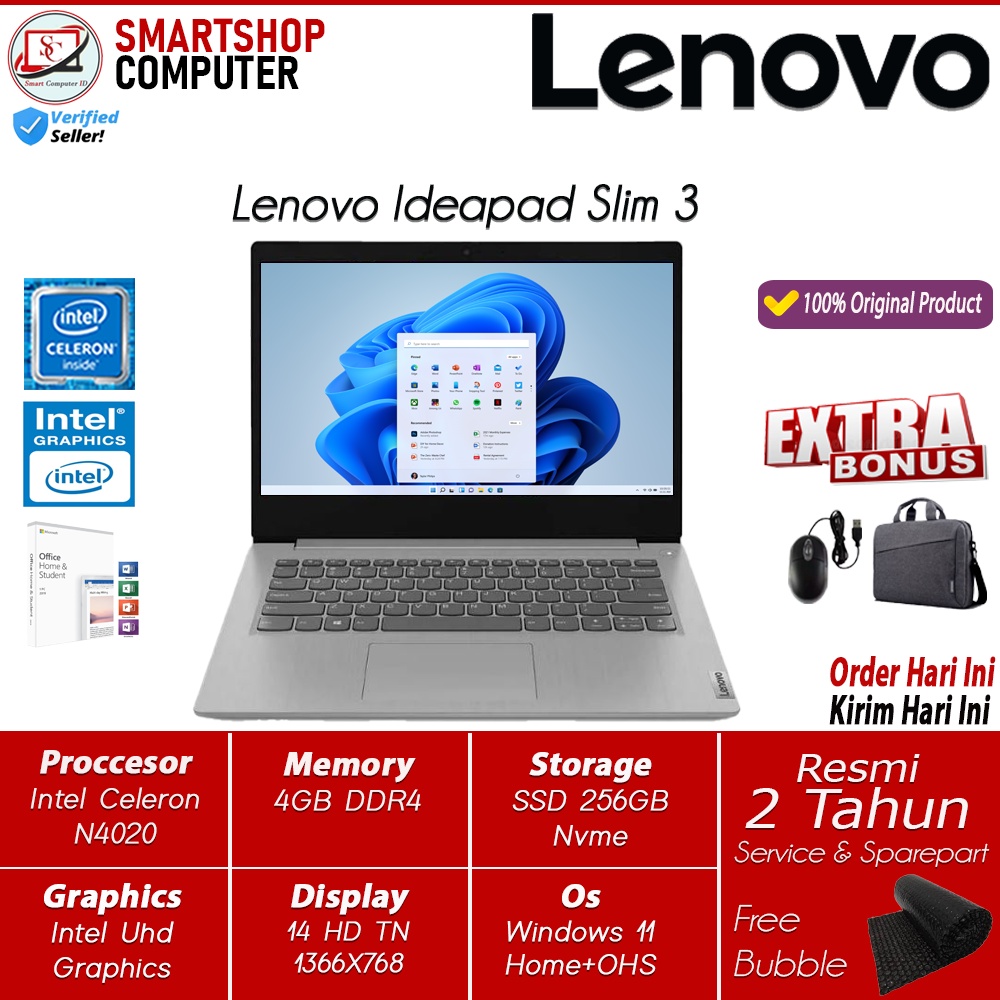 Laptop Lenovo Ideapad Slim 3 Intel Celeron N4020 4GB 256GB SSD Windows11 OHS 2021