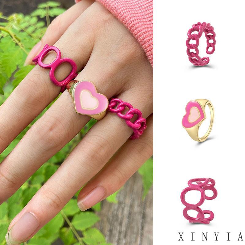 【Bayar di tempat】3pcs Cincin Bentuk Hati Geometris Adjustable Untuk Wanita Cincin Bahan Resin  Desain cincin