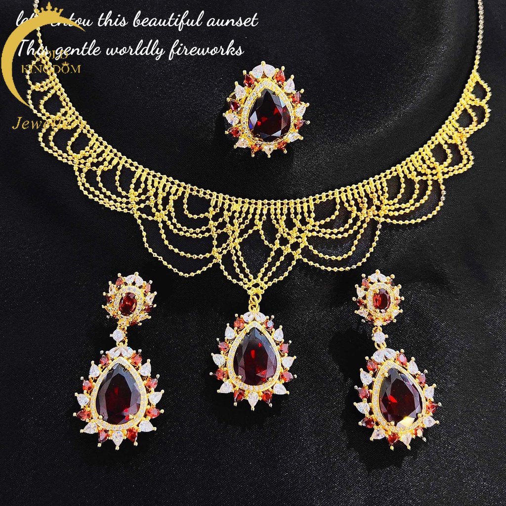 Goldkingdom Perhiasan Fashion 24K Bangkok Aksesoris Ready Stock Lapis Emas Asli Kadar 375 Mewah Mesir Ratu Setelan Set Tinggi Drop Pear Berbentuk Set Rantai Warna Permata Anting Cincin Perempuan