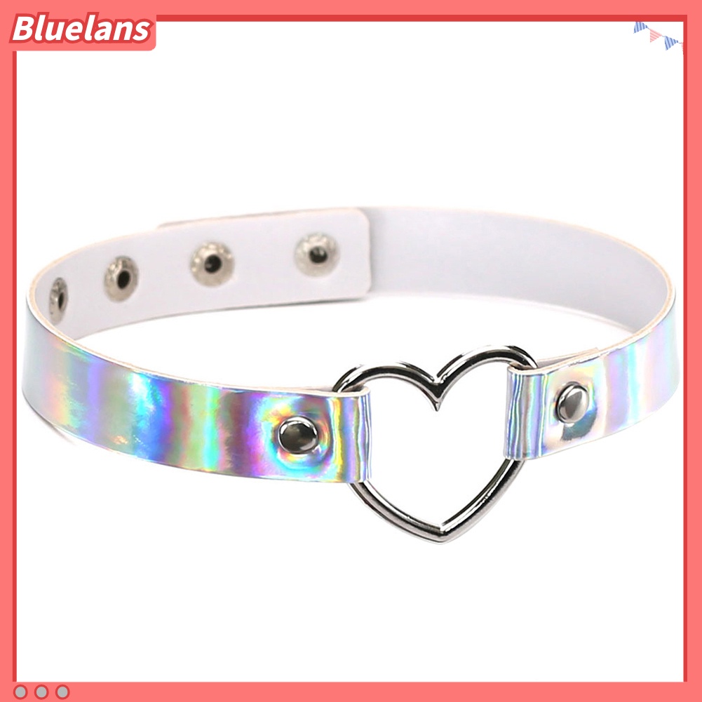 Bluelans Kalung Choker Bahan Kulit Imitasi Aksen Hati Logam Model Terbuka Holografik Untuk Wanita