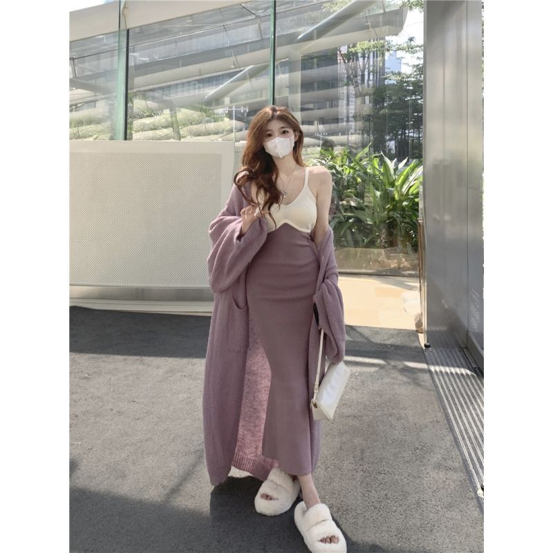 Temperamen Selebriti Setelan Wanita Musim Gugur dan Musim Dingin Baru Lembut Rajutan Cardigan Suspen