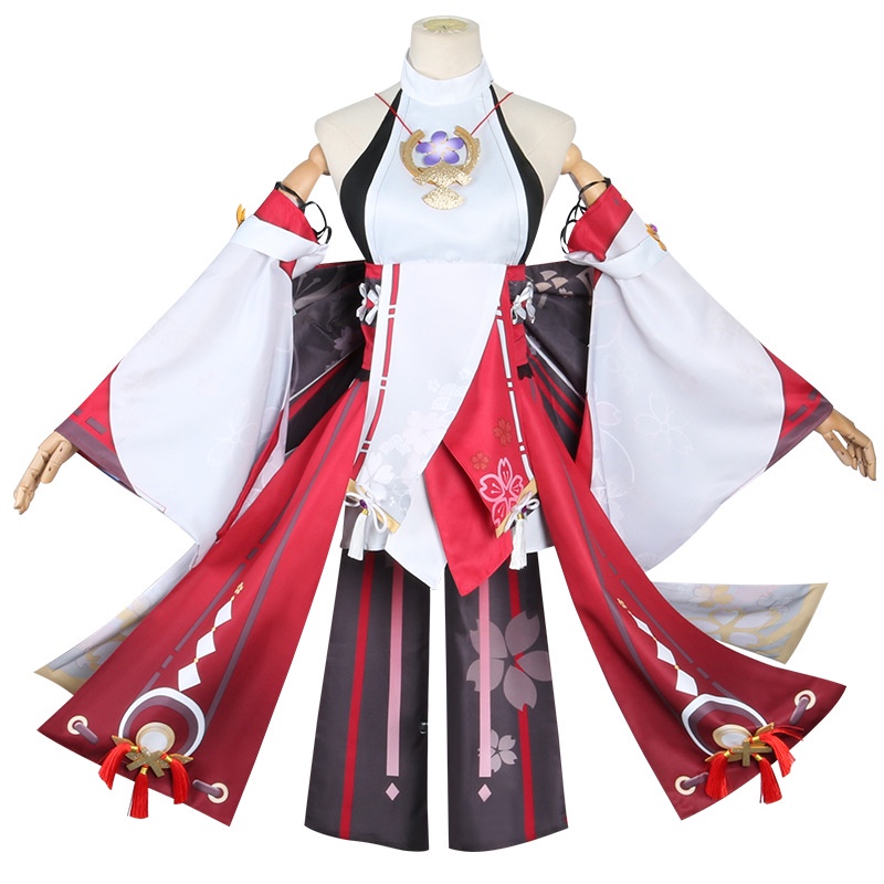 【Wetrose】Genshin Impact Yae Miko Cosplay Wanita Costume Kostum Full Set, Miko Wig