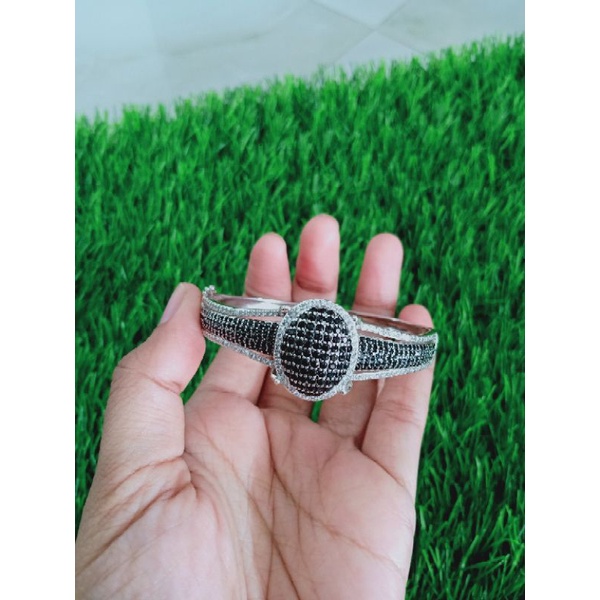 Gelang bangle + oval mt hitam kombi mp /gelang perak asli silver 925 lapis emas/ gelang fashion wanita terbaru