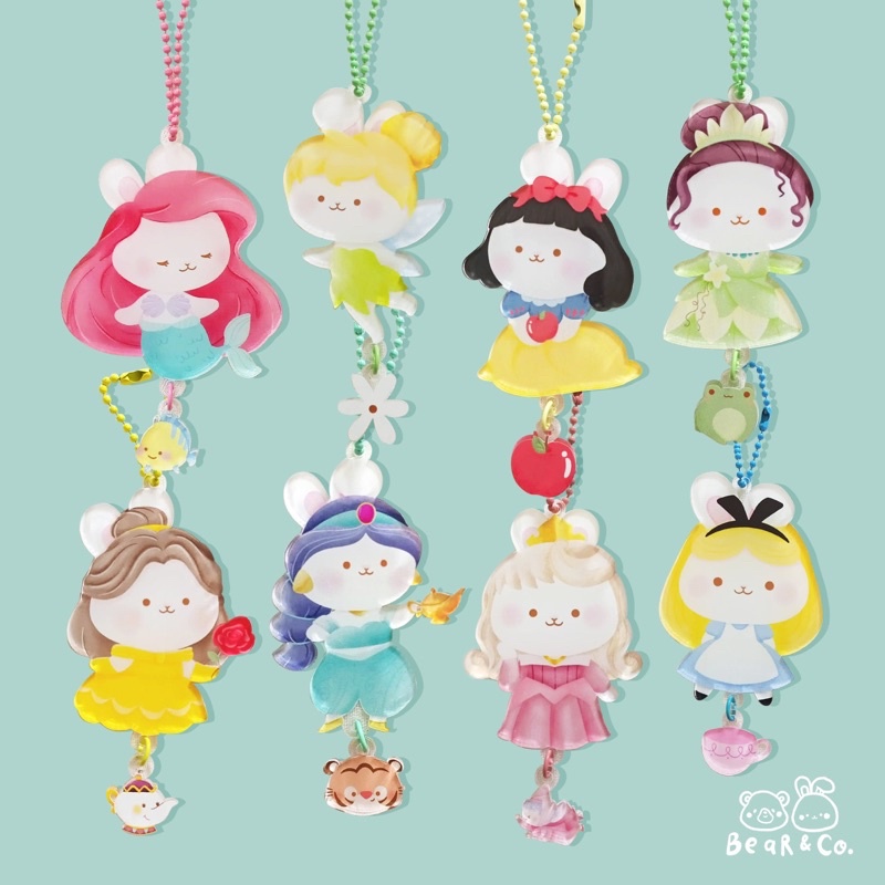 keychain disney princess bunny - ariel / tinkerbell / snow white / tiana / belle / jasmine / aurora / alice in wonderland