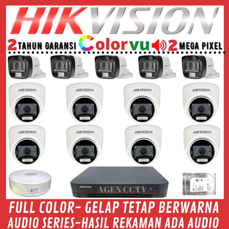 PAKET CCTV HIKVISION COLORVU 2MP 16 CHANNEL 13 KAMERA AUDIO FULL COLOR