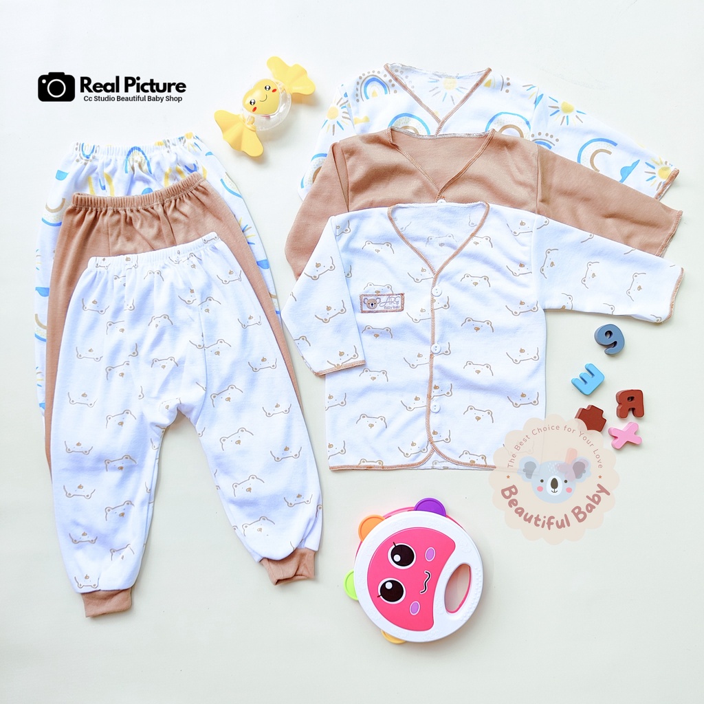 Baby.ou - 3 Stel Setelan Baju Bayi Baru Lahir Tangan Panjang Celana Panjang Usia 0 sd 3 Bulan Motif MOCCA SERIES - Setelan Baju Bayi Newborn Panjang Abu - Celana Panjang Bayi Baru Lahir
