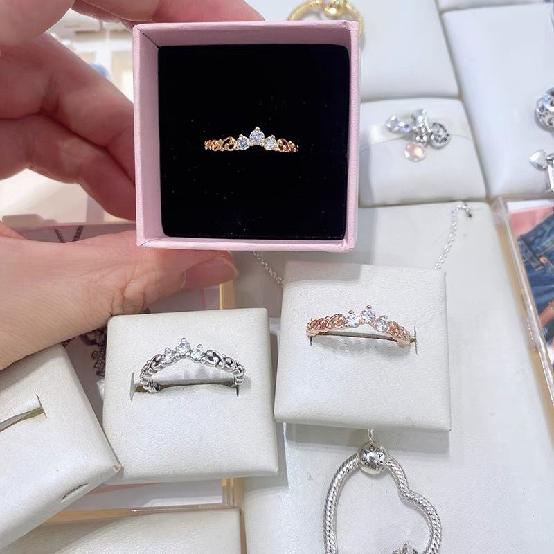 Pandora Cincin Sterling Silver 925 Desain Mahkota Hias Kristal Kubik Zirconia Mewah Berkilau Untuk Wanita