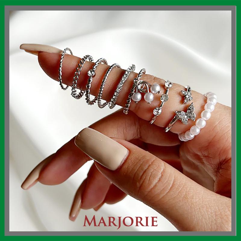 9 PCS Wanita Tipis Berongga Mutiara Kristal Kupu-kupu Berlian Premium Knuckle Ring Set-MJD