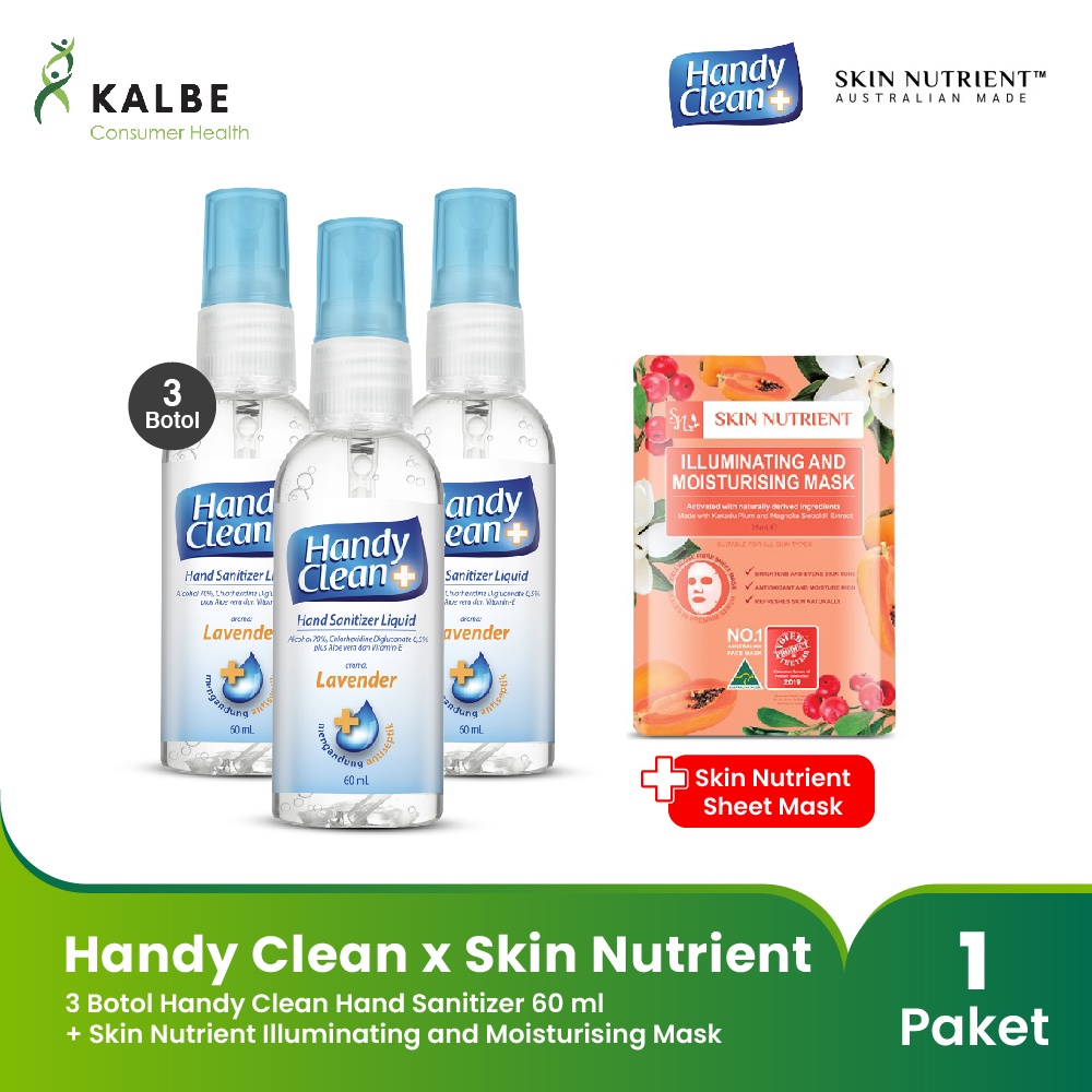 Handy Clean Hand Sanitizer 3 Botol @ 60 ml x Skin Nutrient Sheet Mask