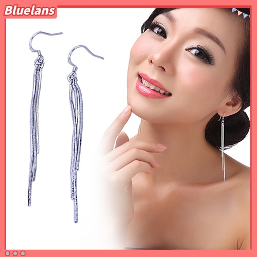 Bluelans Anting Kait Gantung Wanita Lapis Silver Hias Rumbai Slim Untuk Pernikahan