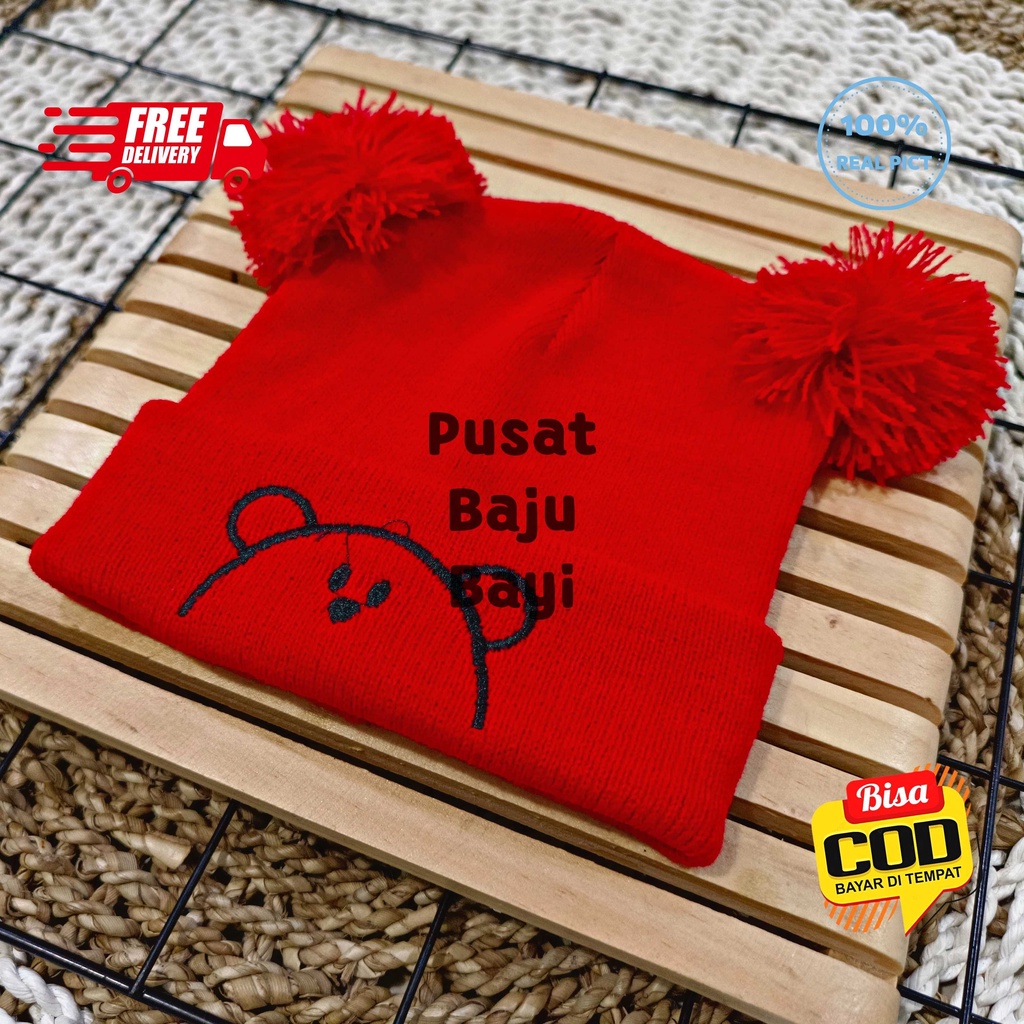 Topi Rajut Kupluk Bayi Pom Pom Premium / Topi Bayi Pom Pom BEAR Anak Laki - Laki Perempuan / Kupluk Baby Pompom BEAR