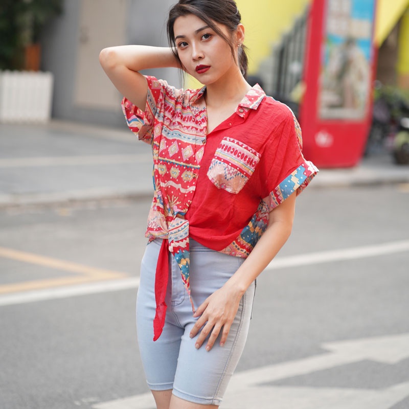 KEMEJA WANITA 2022 BARU CHIFFON TEMPERAMENT SPLICING POCKET TREND SHIRTS KEMEJA MOTIF WANITA KEMEJA POLOS