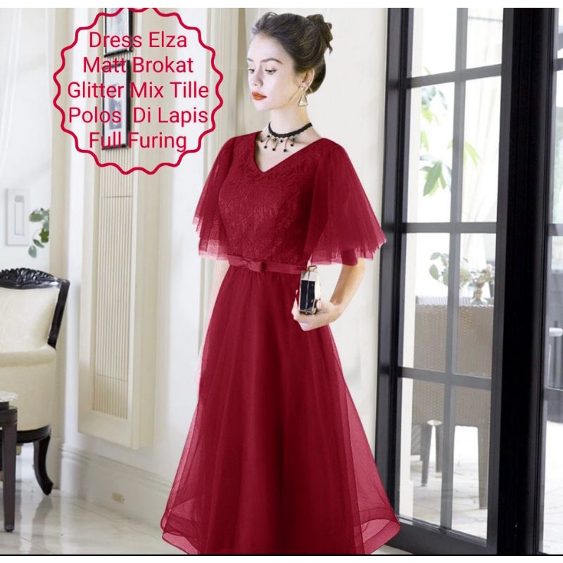 Dress Wanita Midi Terbaru Matt Brokat Glitter/Dress Elza Size  L-XL-XXL Cocok Untuk Acara Natal Dan Pesta Model Kekinian Viral