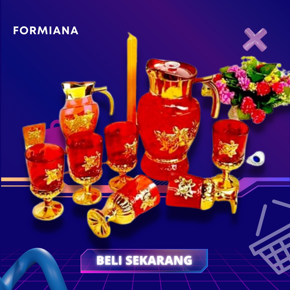 FM - Shinil Eskan set Teko dan Gelas kaca isi 7 pcs - merah / gelas hias / oleh-oleh haji