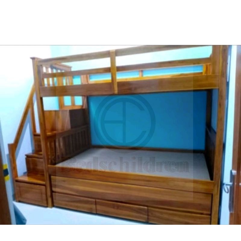 TEMPAT TIDUR DEPAN RANJANG TINGKAT 3 SUSUN DENGAN LACI TANGGA JATI KOKOH 90x200 BEST SELLER