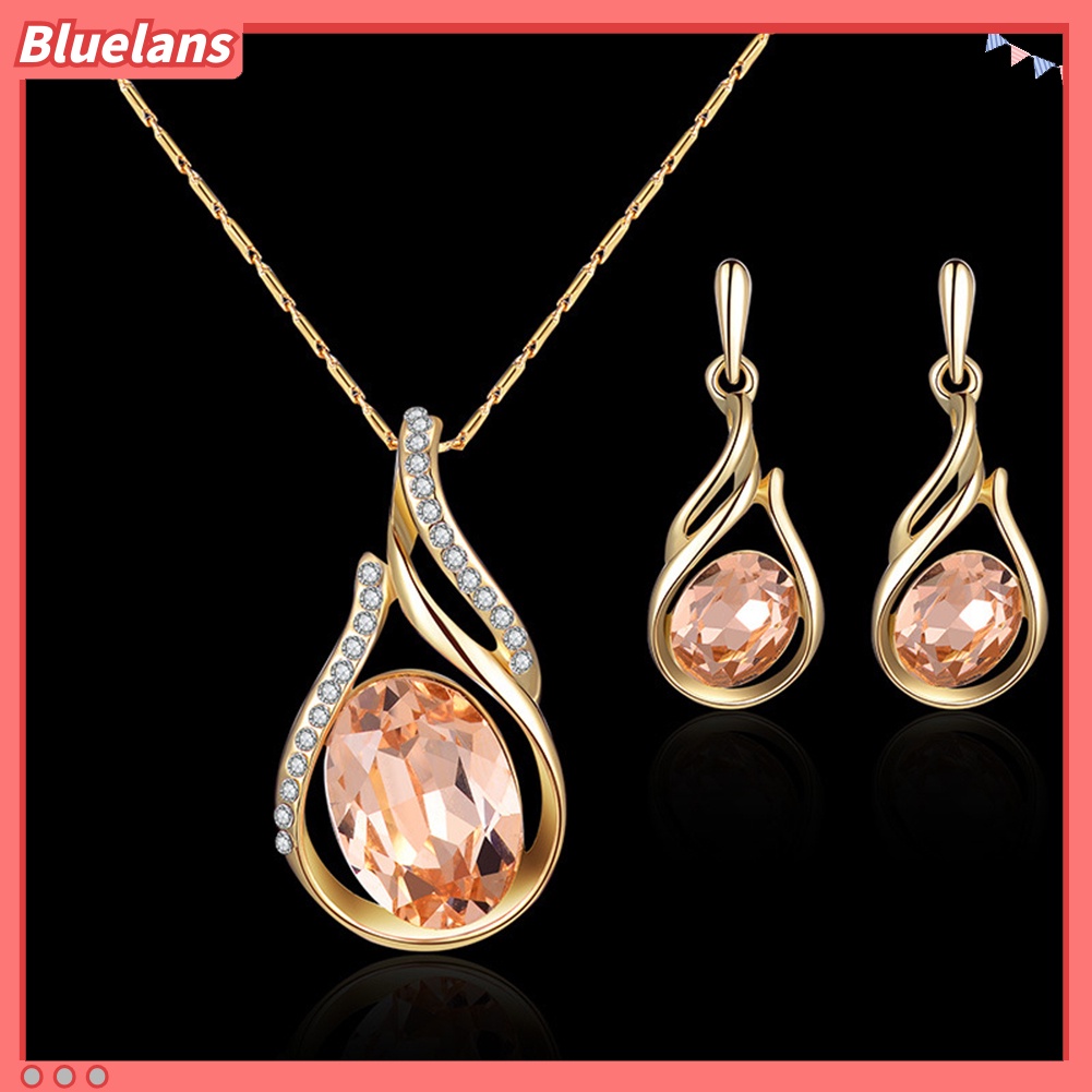 Bluelans Women Rhinestone Oval Faux Quartz Pendant Ear Stud Earrings Necklace Jewelry Set