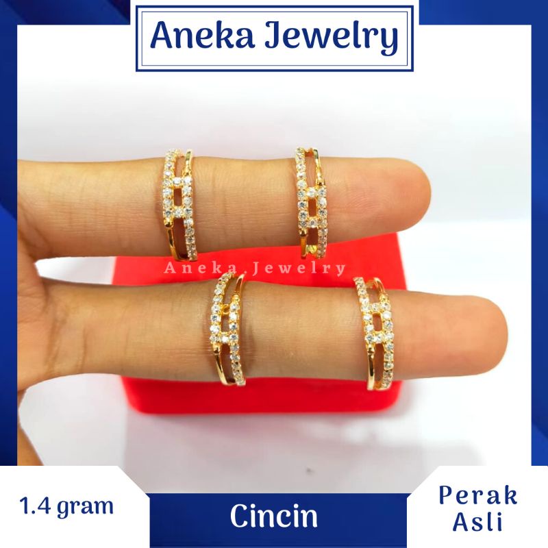 Cincin Kotak Cor Mata-Mata, Perak 925, Sepuh Emas Kuning