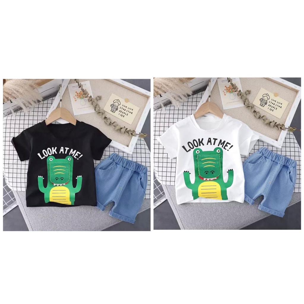 COD-SETELAN KAOS ANAK MOTIF LOOK AT ME DENIM - BAJU ANAK LAKILAKI DAN ANAK PEREMPUAN UMUR 6-10BLN 1-5THN - PAKAIAN ANAK BAHAN KATUN CELANA BAHAN DENIM - MOTIF BUAYA KANTONG BERWARNA - KEREN SAAT DIPAKAI ANAK MODEL TERKINI