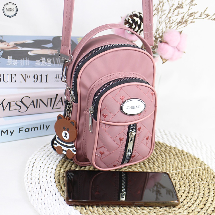 Luna Aura Tas Ransel Mini Wanita 3in1 Parasut Nilon Bordir Slingbag Wanita Kekinian Tas Slempang Wanita Tas ootd-Peach