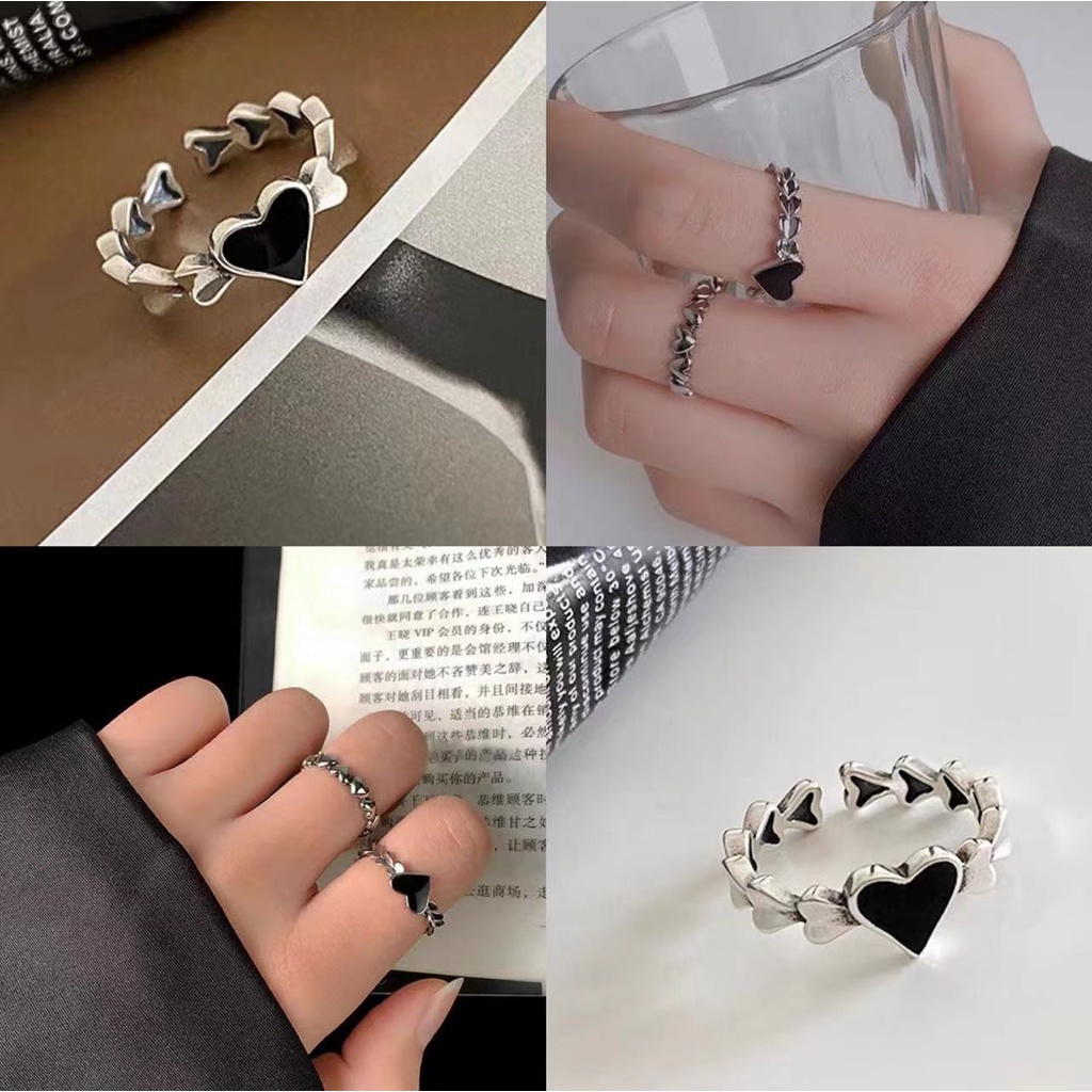Cincin Model Terbuka Dapat Disesuaikan Desain Hati Warna Hitam Gaya Retro Untuk Wanita
