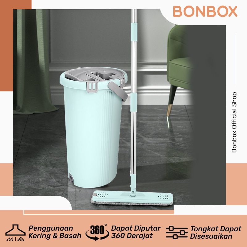 SAMONO / BONBOX Alat Pel Microfiber dengan Ember 2 in 1 Pakai Kering Basah Berputar 360° Ergonomis Efisien Bahan PP Kapasitas Air Besar BCT707 blue