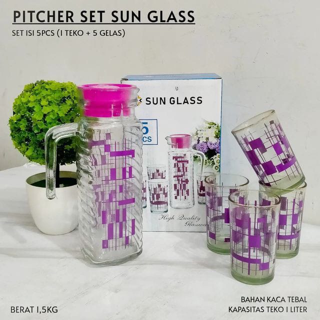 GRANDJAYA Teko Set Kaca 5IN1 - 1 Teko 4 Gelas - Pitcher Minuman Set - sun glass - kimglass