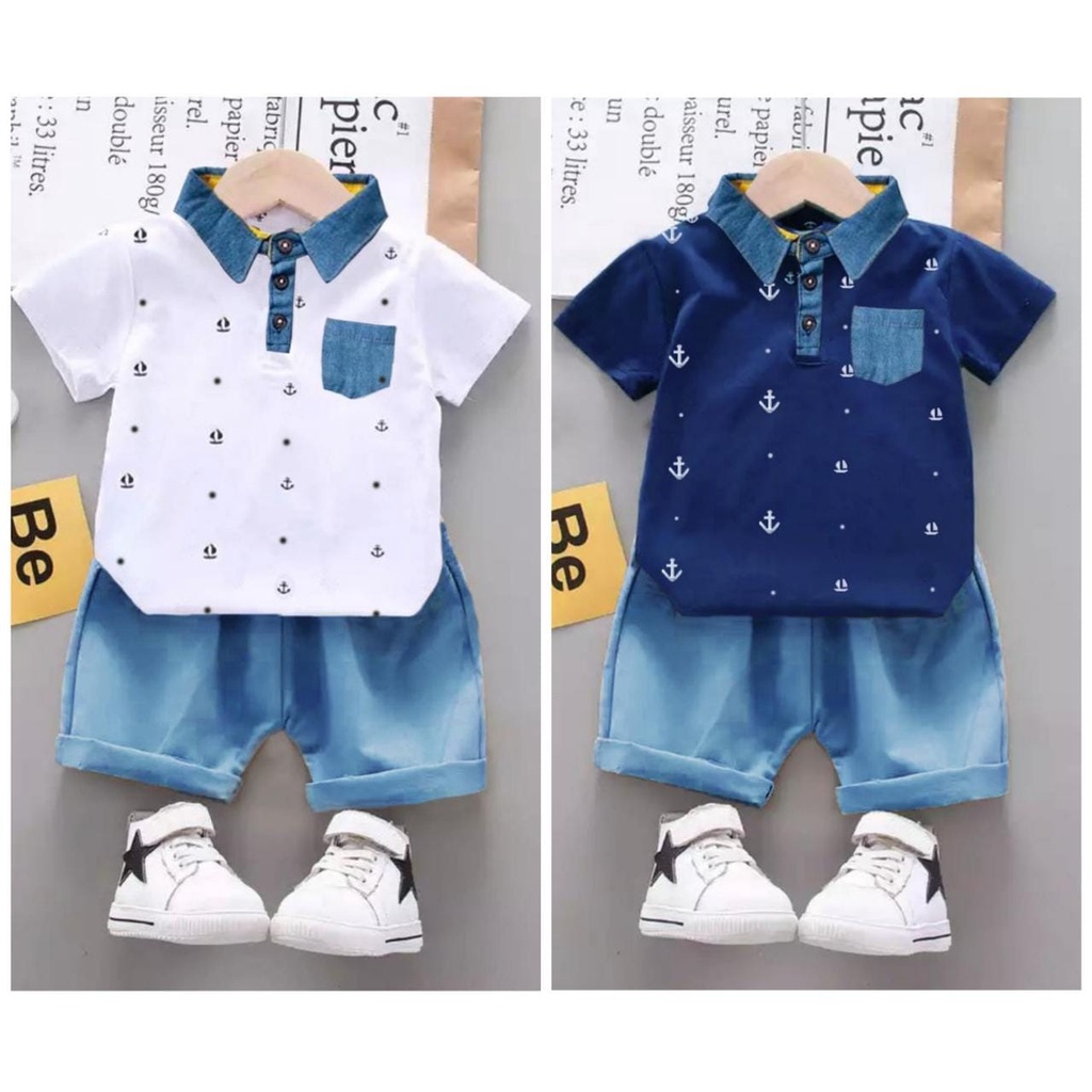 (BAYAR DITEMPAT) SETELAN KEMEJA KANTONG ANAK MOTIF JANGKAR DENIM - FASHION BAJU ANAK TERBARU UNTUK ANAK LAKILAKI DAN ANAK PEREMPUAN USIA 6-10BLN 1-5THN - BAJU ANAK DENGAN GAMBAR BAJAK LAUT DAN BERKERAH DIBAJUNYA / BAHAN BAJU COMBED CELANA DENIM PENDEK