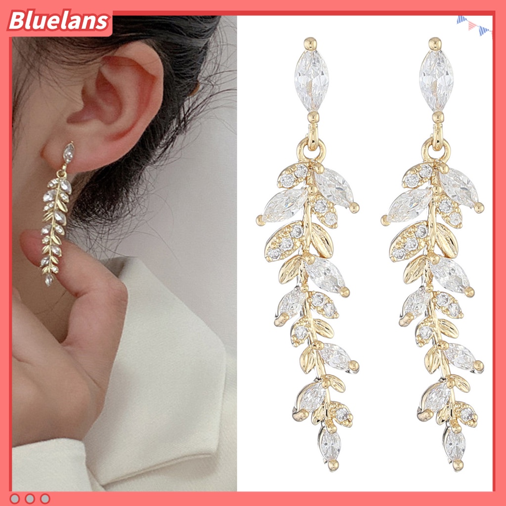 1 Pasang Anting Gantung Bentuk Daun Bahan Cubic Zirconia Untuk Pernikahan