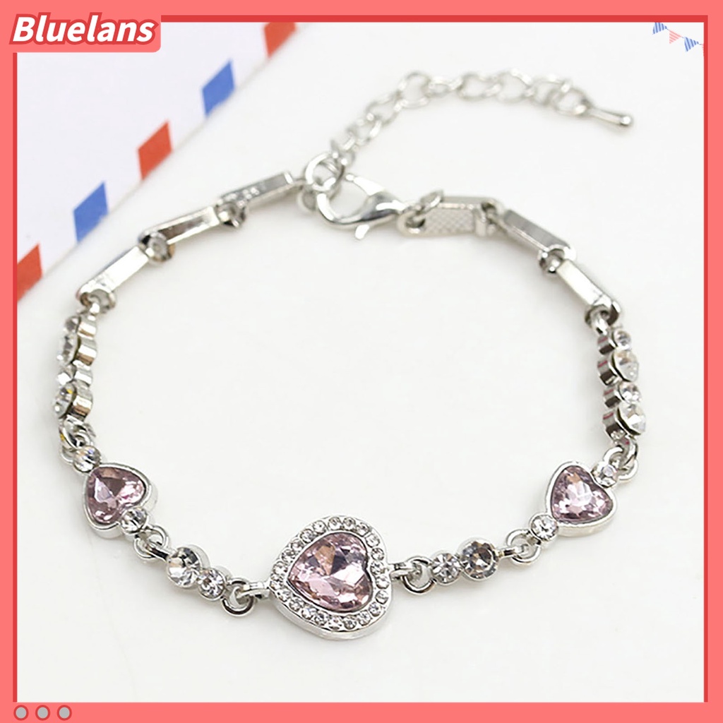 Gelang Rantai Adjustable Bentuk Hati Aksen Berlian Imitasi Warna Biru Bahan Alloy Untuk Wanita